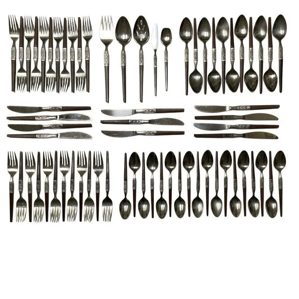 MCM INTERPUR Bar Harbor Stainless Steel Faux Wood Scroll Japan‎ Flatware 68 PCS